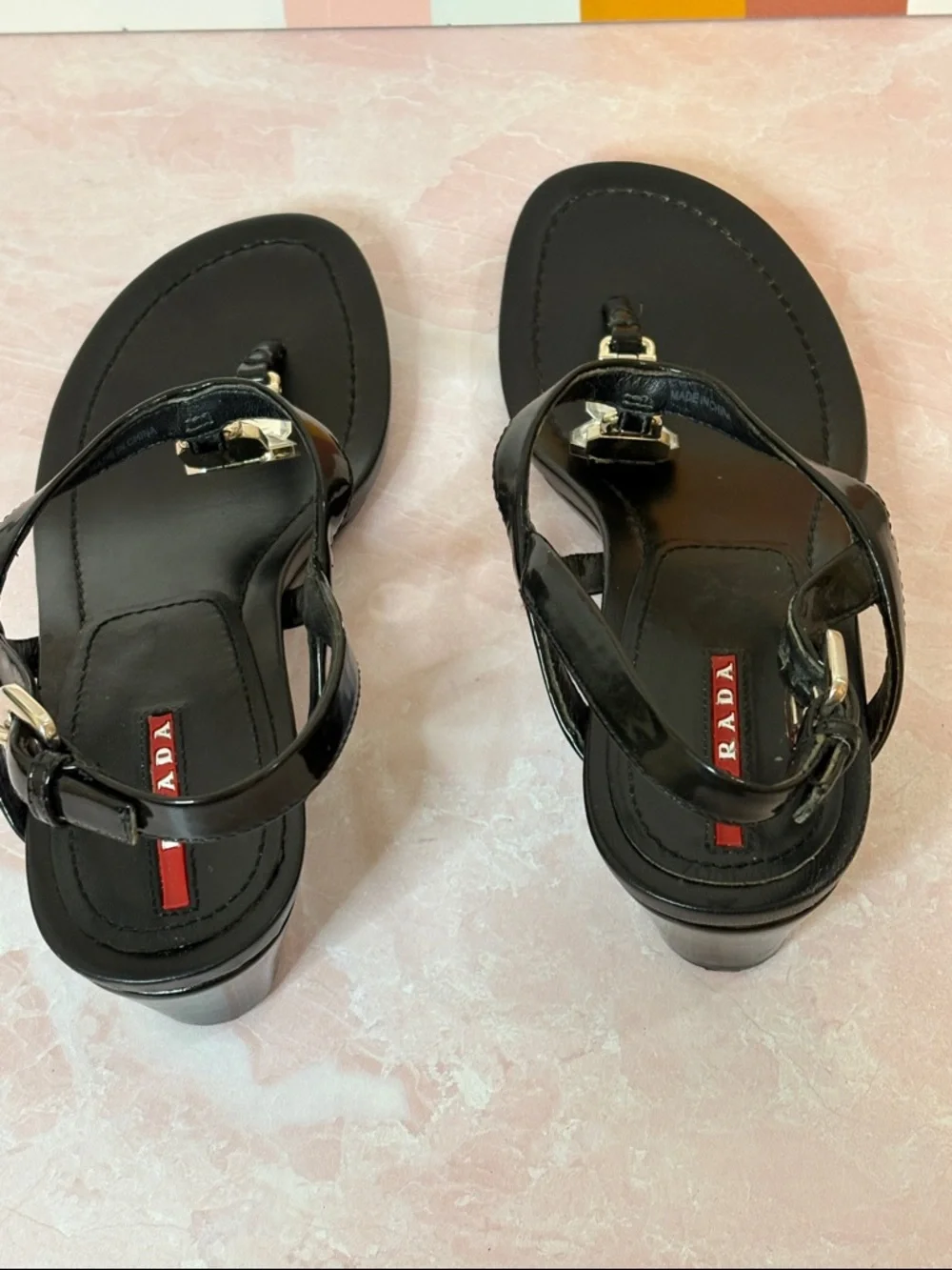 Prada Black Crystal-Embellished T-Strap Wedge Patent Leather Sandals | 37/US7 - Picture 5 of 8